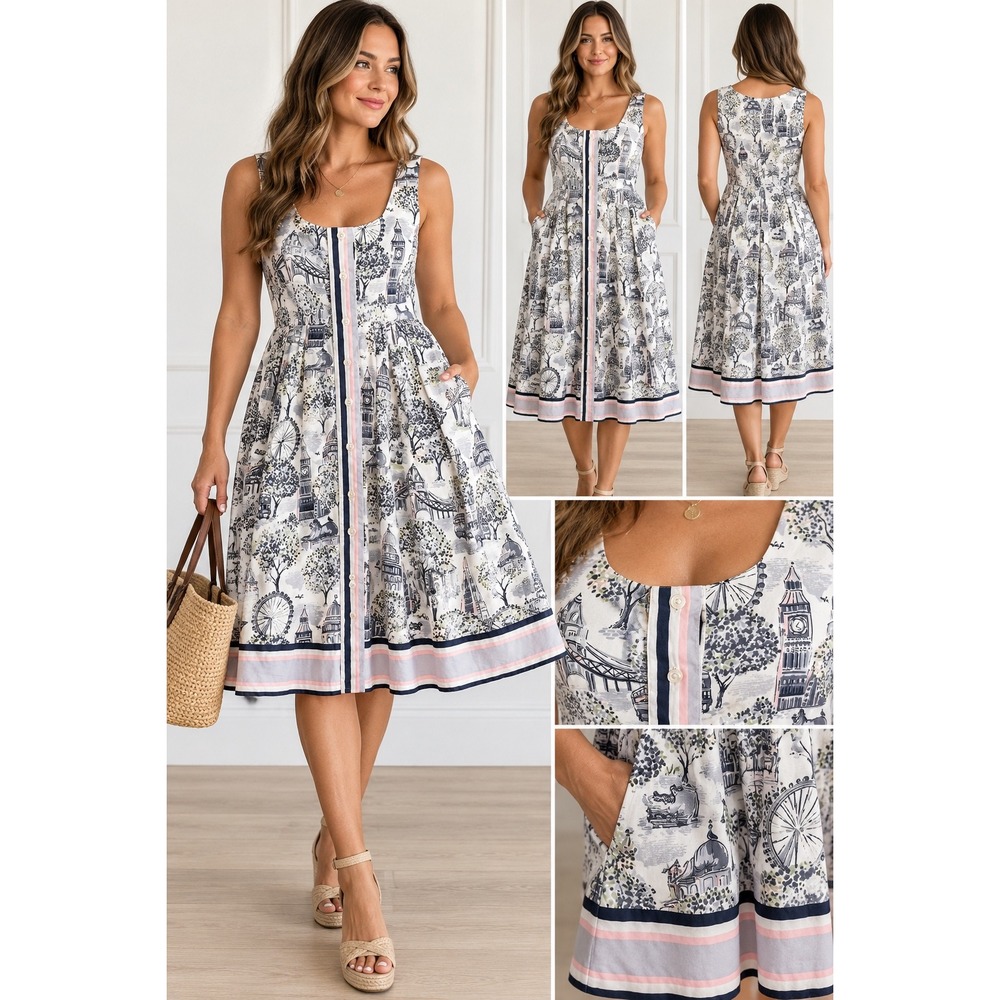 Cath Kidston London Landmark Dress UK 14 Big Ben Toile Cotton Fit Flare Pockets